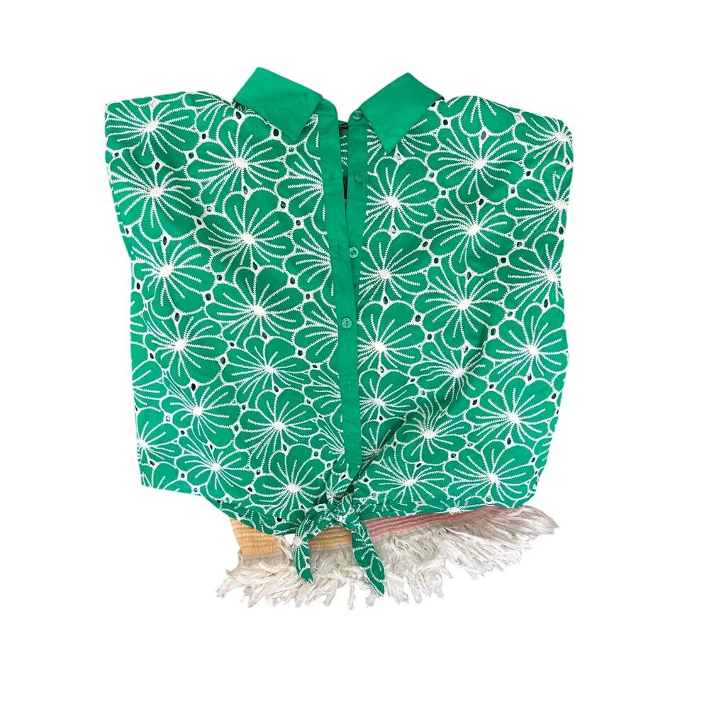 MARC NEW YORK WOMEN'S SLEEVELESS GREEN/WHITE EMBROIDERED BLOUSE LARGE